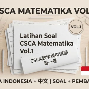 May include: A stack of white papers with the text "CSCA Matematika Vol.1" and "Latihan Soal CSCA Matematika Vol.1". The image includes a ruler, pens, glasses, and flags of Indonesia and China. The text "BAHASA INDONESIA + 中文 | SOAL + PEMBAHASAN" is also visible.