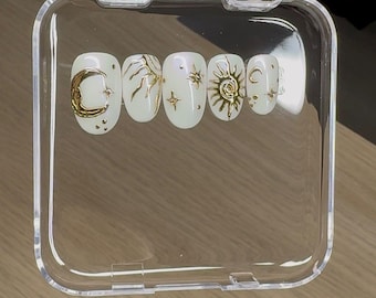 Uñas postizas doradas Celestial / Set reutilizable de astrología Luna-Sol