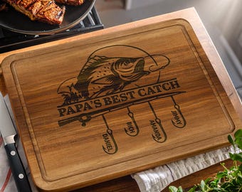 Papa's Best Catch Customized Cutting Board, Personalized Fishing Gift for Dad, Custom Kids Names Board, Father's Day Gift for Dad Grandpa
