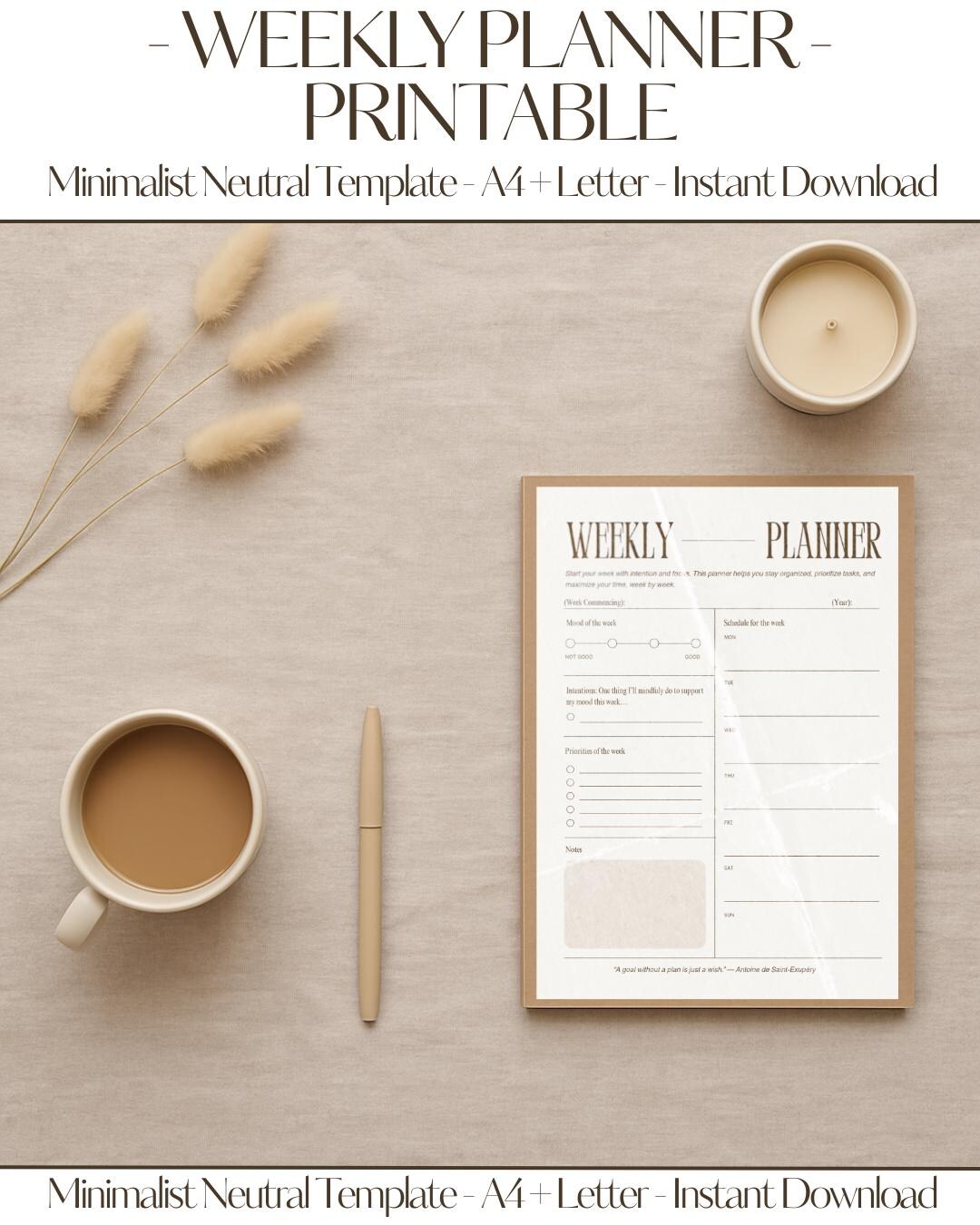Weekly Planner Printable | Minimalist Aesthetic Template | A4 & Letter ...