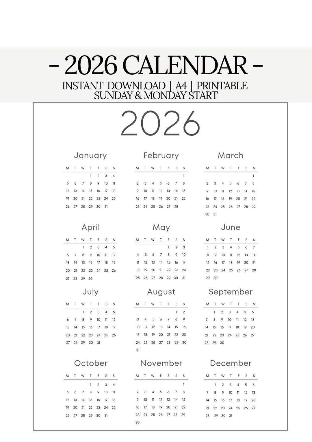 2026 Minimalist Calendar Printable | A4 Year at a Glance (digital ...