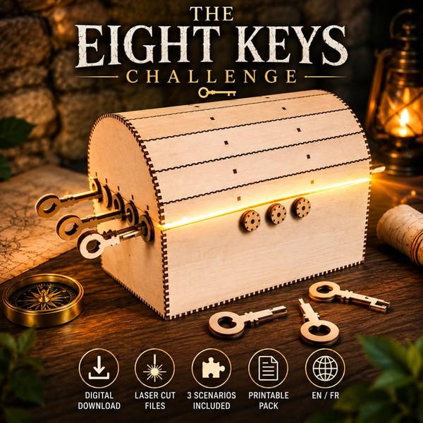 The Eight Keys Challenge, Laser Cut Escape Game Files, SVG DXF Eps Pdf, 8 Working Keys Treasure Chest, Birthday Adventure Kit