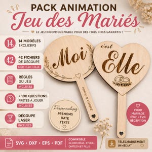Peut inclure: Un produit numérique pour un jeu de mariage comprenant deux palettes en bois avec manche, une ronde avec le texte Moi et une en forme de cœur avec le texte c'est Elle, ainsi qu'une étiquette ronde et divers textes informatifs en français.