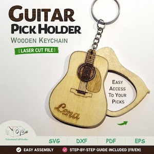 May include: A wooden guitar pick holder keychain featuring a laser-cut guitar shape with the name Lena engraved on the front. The design includes a metal keyring and a swivel mechanism for access. Text reads: Guitar Pick Holder, Wooden Keychain, Laser Cut File, Easy Access To Your Picks, SVG, DXF, PDF, EPS, Easy Assembly, Step-by-Step Guide Included (FR/EN).