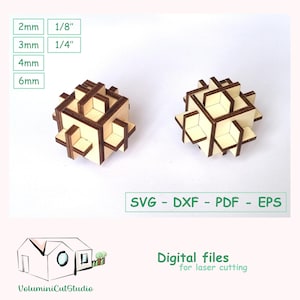 May include: Two wooden geometric puzzles with a cube shape and cross-shaped extensions. The image includes text indicating sizes of 2mm, 3mm, 4mm, and 6mm, and 3.175mm and 6.35mm. The image also includes the text "SVG - DXF - PDF - EPS" and "Digital files for laser cutting."