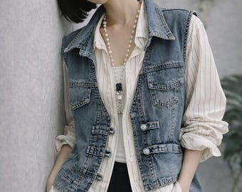 Vintage Denim Shirt Jacket for Women – Faux Two-Piece Polo Collar Striped Top