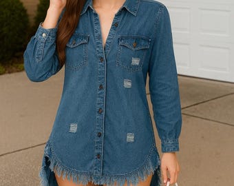 Women’s Asymmetrical Ripped Denim Shirt Dress • Raw Hem Button Down Casual Top with Pockets