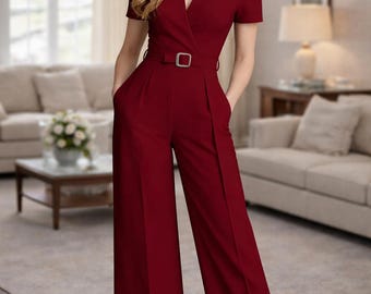 Mono de talle alto para mujer – Mono corto con cuello en V y cinturón, ideal para la oficina.