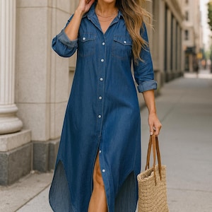 long denim shirt dress with sleeves Lands' End Women's Light Weight Denim Long Sleeve Button Front Shirt Dress