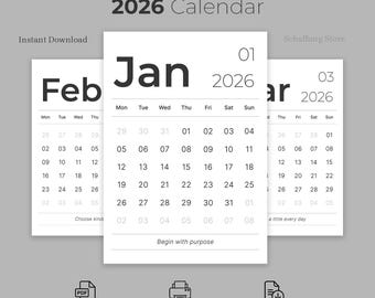 Calendário minimalista para imprimir de 2026 | Tamanhos A4 e Carta (PDF)