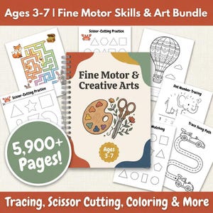 Puede incluir: Un libro de actividades con encuadernación en espiral titulado Fine Motor & Creative Arts que muestra una paleta de pintura y tijeras en la portada, rodeado de varias hojas de trabajo educativas que incluyen laberintos y ejercicios.