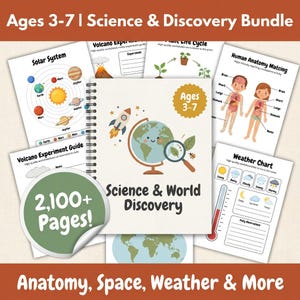Puede incluir: Un cuaderno de ejercicios Science & World Discovery con espiral para niños de 3 a 7 años, rodeado de hojas educativas sobre el sistema solar, volcanes, plantas, anatomía humana y clima, con una insignia de más de 2.100 páginas.
