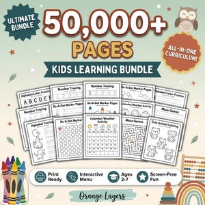 May include: A digital educational bundle featuring 50,000+ pages for kids, including alphabet, number, and dot marker tracing, mazes, and colouring sheets. The design includes an owl, crayons, and text stating Print Ready, Interactive Menu, Ages 2-7.