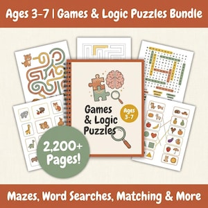 Könnte beinhalten: Ein spiralgebundenes Aktivitätsbuch mit dem Titel Games & Logic Puzzles für 3- bis 7-Jährige, umgeben von Arbeitsblättern mit Labyrinthen, Wortsuchrätseln, Zuordnungsspielen und Tieren. Ein grüner Kreis zeigt 2.200+ Seiten an!