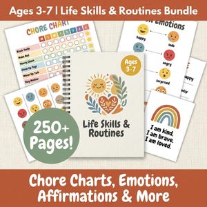 May include: A Life Skills & Routines bundle for ages 3-7 featuring a spiral-bound notebook, chore charts, emotion identification sheets, and affirmation cards. The collection includes over 250 pages of printed materials with colorful illustrations.