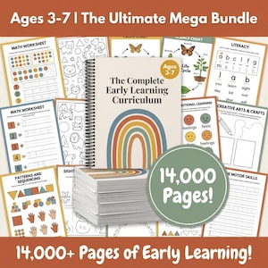 May include: A spiral-bound workbook titled The Complete Early Learning Curriculum with a rainbow graphic, surrounded by various educational worksheets for ages 3-7, including math, literacy, science, and motor skills, totaling 14,000 pages of content.