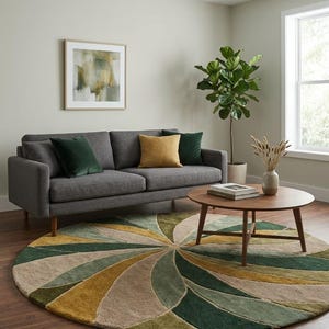 May include: A round area rug featuring a swirling, pinwheel-inspired pattern in shades of forest green, olive, mustard yellow, and beige. The rug has a textured, tufted pile and is positioned on a dark wood floor in front of a grey sofa.