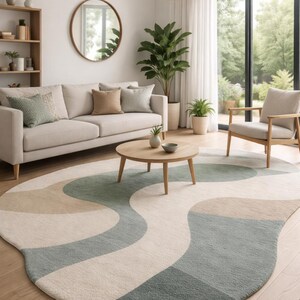 Abstract Wavy Area Rug - Sage Green & Beige Organic Shape Carpet - Modern Irregular Rug for Living Room - Aesthetic Minimalist Floor Decor,