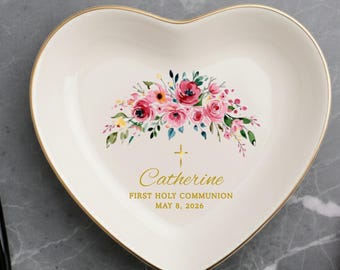 Personalized First Communion Jewelry Dish, Custom Name Date Trinket Tray, Christian Keepsake Gift for Girl, Baptism Confirmation Gift