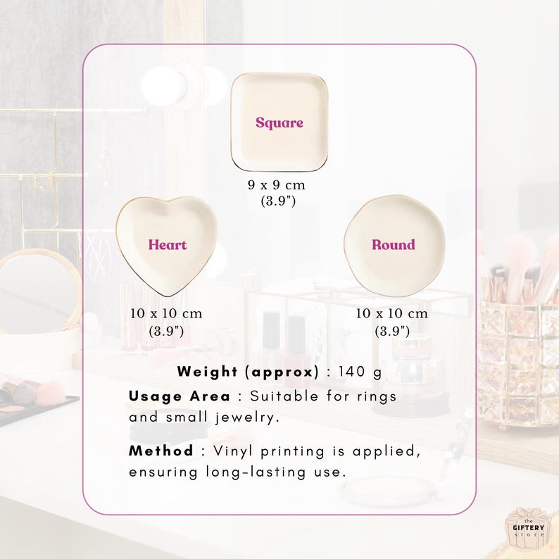 May include: Three off-white jewelry dishes in square, heart, and round shapes. The square dish is 9 x 9 inches, while the heart and round dishes are 10 x 10 inches. Each dish weighs approximately 140 grams and features vinyl printed text.