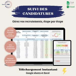 Può includere: Grafica digitale che mostra un sistema di monitoraggio del reclutamento. L'immagine include un laptop e un tablet che visualizzano dati, con il testo "SUIVI DES CANDIDATURES" e "Google Sheets & Excel". La grafica è nei toni del blu, bianco e beige.