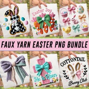 以下が含まれることがあります： イースターをテーマにした、フェイクヤーンのPNGデザインのコレクション。デザインには、ウサギ、ニンジン、リボン、ひよこ、ウサギ、イースターエッグ、バスケット、十字架、「He is Risen」と「Cottontail Bunny Club」の文字が含まれています。