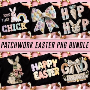 Patchwork Easter PNG Bundle Cute Bunny Happy Easter Coquette Bow Quilted Kids Easter Eggs Grandmacore Gingham Patchwork Sublimation Designs