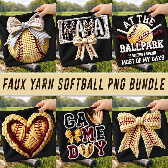 Softball Png Bundle Faux Yarn Love Softball Game Day Coquette Bow Realistic Crochet Knit Latch Hook Softball Mama Png Sublimation Download