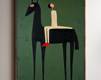 Whimsical Horse and Rider Oil Painting | Modern Folk Art Wall Decor