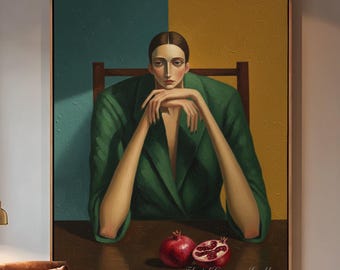 Large-scale modern woman and pomegranate-themed oil painting, green blazer with contrasting wall art, eclectic still life painting