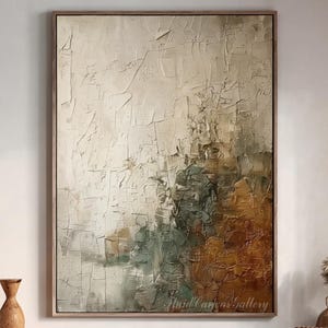 Textured neutral abstract oil painting, beige and soft teal green ochre wall art, large impasto canvas ideal for the living room