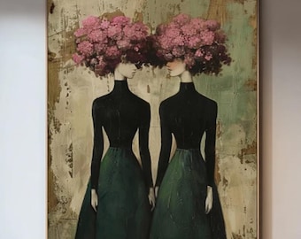 Large retro floral women's oil painting, pink hydrangea lady wall art, emotional abstract friend, suitable for living room decoration