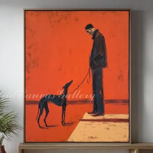 May include: An abstract painting featuring a person and a dog on a leash against a vibrant orange background. The artwork has a minimalist style with a dark-colored dog and a person in a dark coat. The painting is framed in a dark wooden frame.