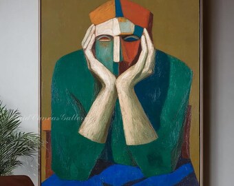 Large Cubist-inspired figurative oil painting, geometric abstract portrait, modern expressionist wall decor for home, office, or living room