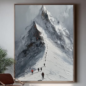 Large, three-dimensional textured oil painting of Mount Everest climbers, suitable for home, office, or living room wall decoration