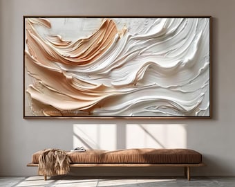 Groot abstract zwaar getextureerd schilderij, modern minimalistisch, neutraal beige en wit impasto-olieverfschilderij, voor woonkamer- en slaapkamermuren