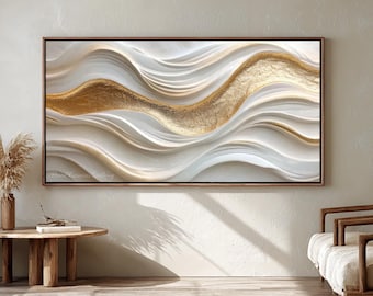Large platinum 3D textured wave wall oil painting, minimalist neutral colors, modern luxury living room and bedroom decoration