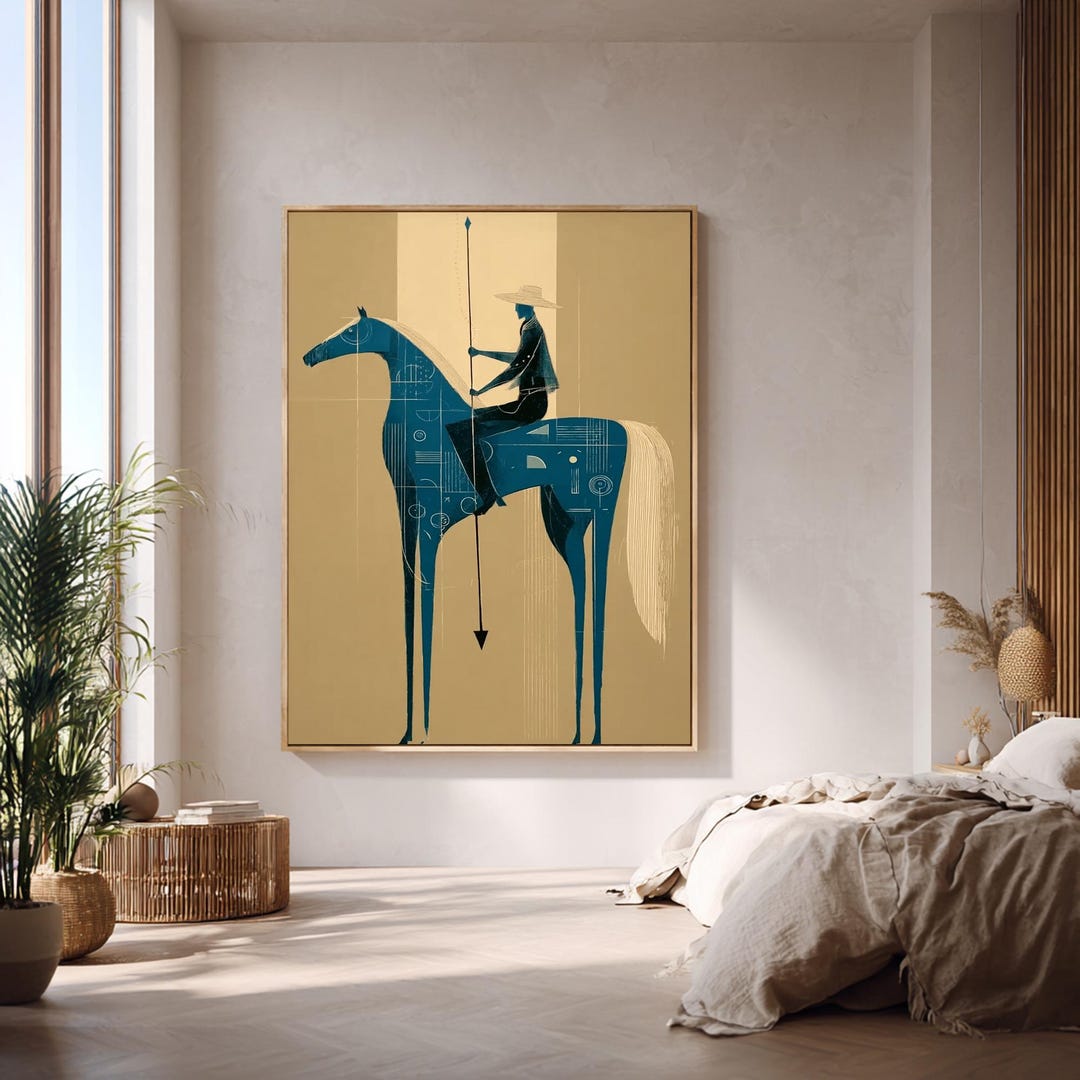 Geometric Equestrian Art Print, Blue Horse Rider, Modern Surrealist ...