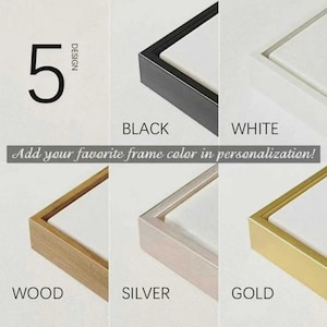 May include: A display of canvas frame corners in black, white, wood, silver, and gold. The number 5 and the word "DESIGN" are at the top left. Text below reads "Add your favorite frame color in personalization!"
