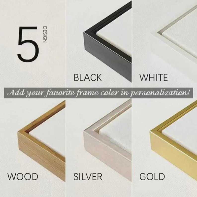 May include: A display of canvas frame corners in black, white, wood, silver, and gold. The number 5 and the word "DESIGN" are at the top left. Text below reads "Add your favorite frame color in personalization!"