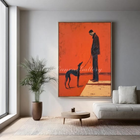 Large Emotional Man with Greyhound Oil Painting | Bold Red Background Art | Intimate Wall Decor for Pet Lovers Suitable for Office