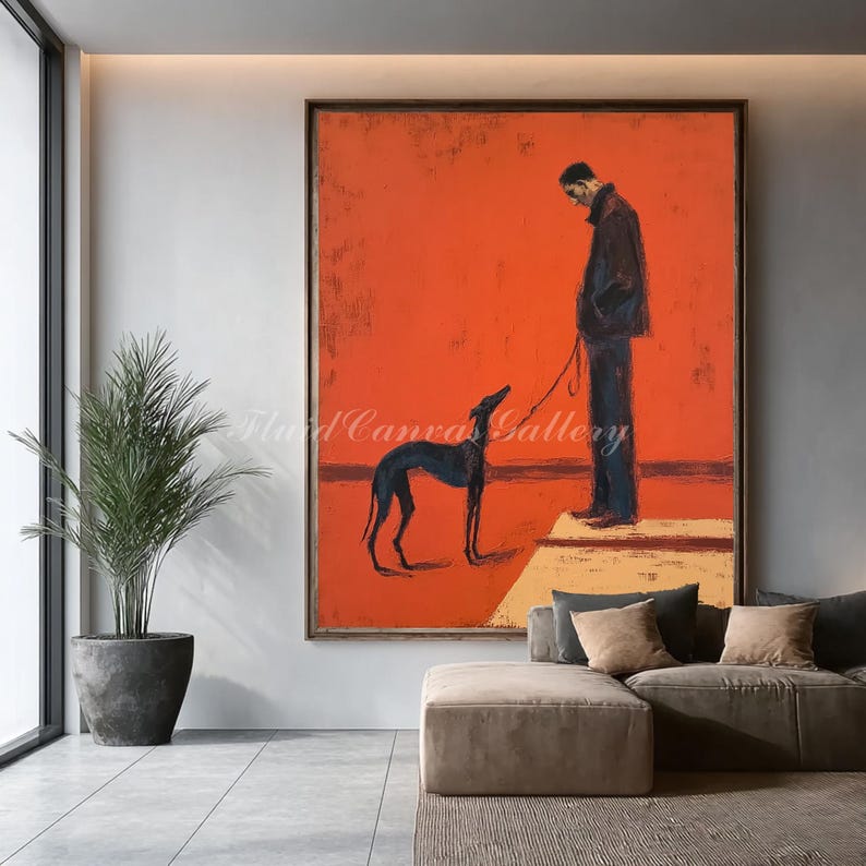 May include: An abstract painting features a person standing with a dog on a leash against a vibrant orange background. The artwork, framed in brown, has a minimalist style with a focus on color and form. The dog is black, and the person is wearing dark clothing.