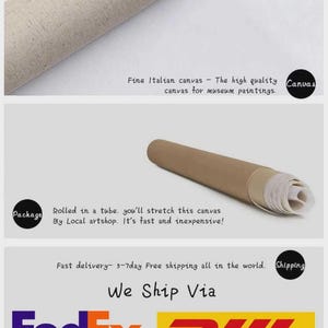 May include: Close-up of a rolled canvas, with text indicating it's Italian and high-quality for museum paintings. The canvas is rolled in a tube. The image also shows the FedEx and DHL logos.