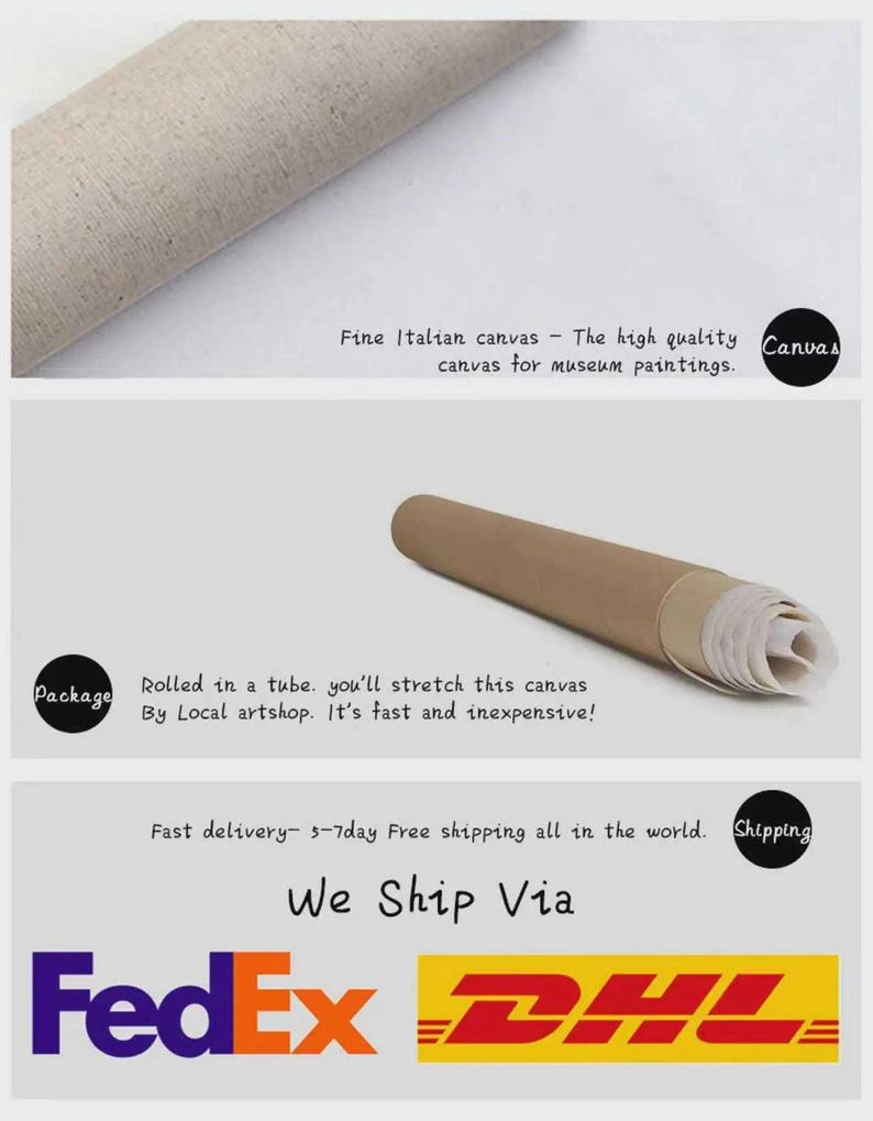 May include: Close-up of a rolled canvas, with text indicating it's Italian and high-quality for museum paintings. The canvas is rolled in a tube. The image also shows the FedEx and DHL logos.