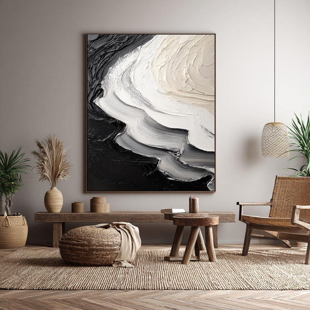 Handmade 3D Texture Oil Painting, Black and White Abstract Swirl Art - Etsy