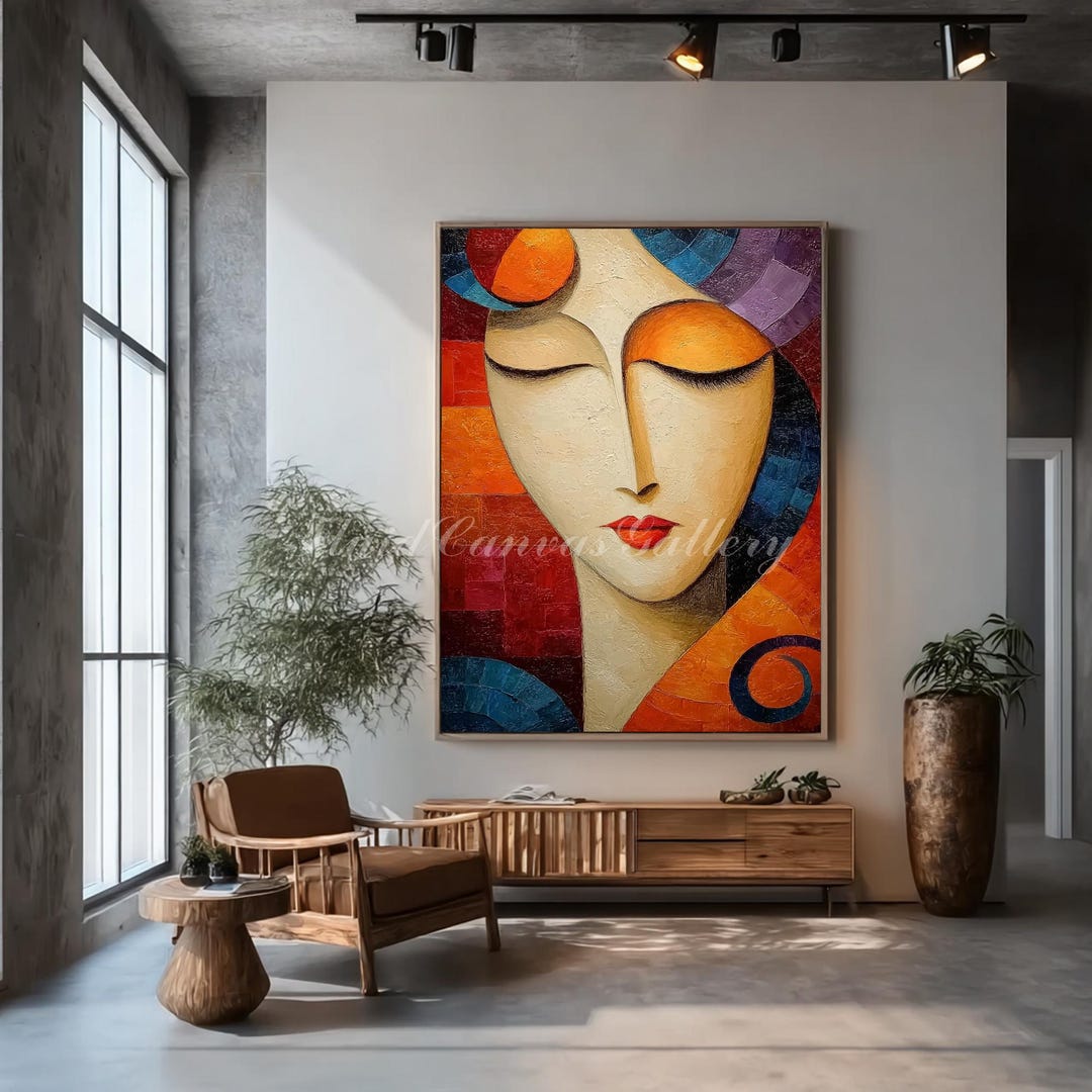Large Cubist Female Face Oil Painting - Colorful Abstract Portrait Wall ...