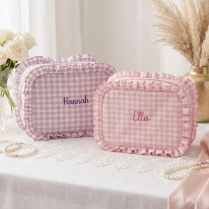 Neceser personalizado de cuadros vichy con volantes, organizador de cosméticos grande, neceser bordado con monograma, regalo para despedida de soltera