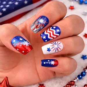 USA Flag Mix Design Press On Nails Stars Stripes Firework Nails 4th of July Nails Square Shape Handmade Gift for Women