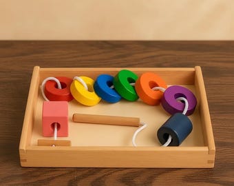 Montessori Wooden Lacing Shape Sequencing Toy for Toddlers Fine Motor Learning