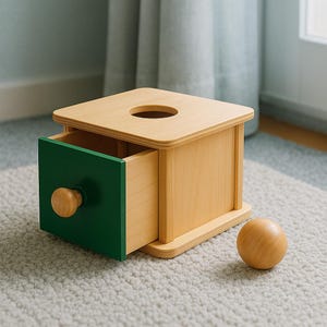 Könnte beinhalten: Ein Holzspielzeug mit natürlicher Oberfläche, mit einer grünen Schublade mit einem Holzknauf und einer kreisförmigen Öffnung oben. Eine Holzkugel liegt neben dem Spielzeug. Das Spielzeug ist für die frühkindliche Entwicklung und das Lernen konzipiert.